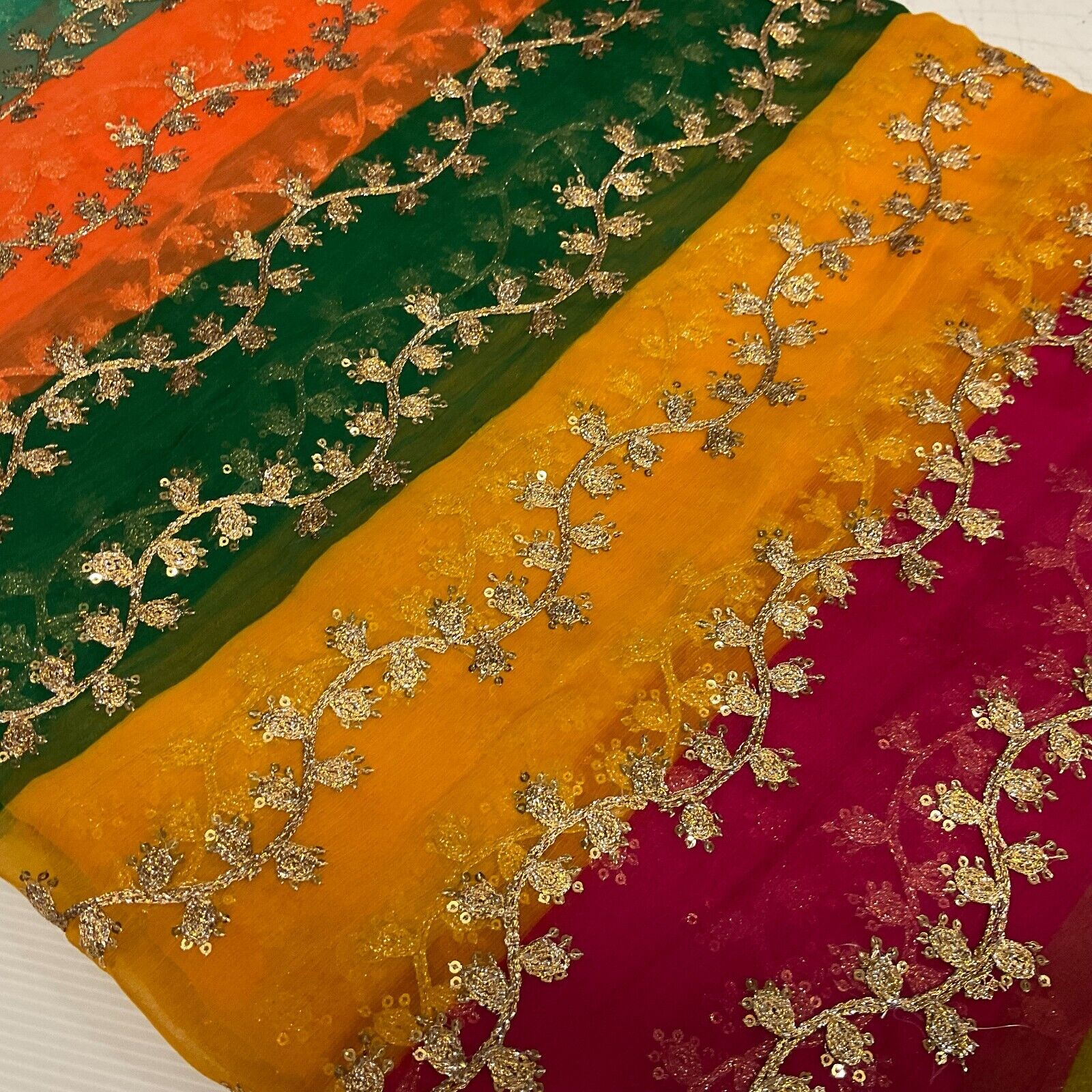 Indian Multicoloured Gold Embroidered Chiffon Skirt Fabric 100cm M1697 Mtex - Image 11