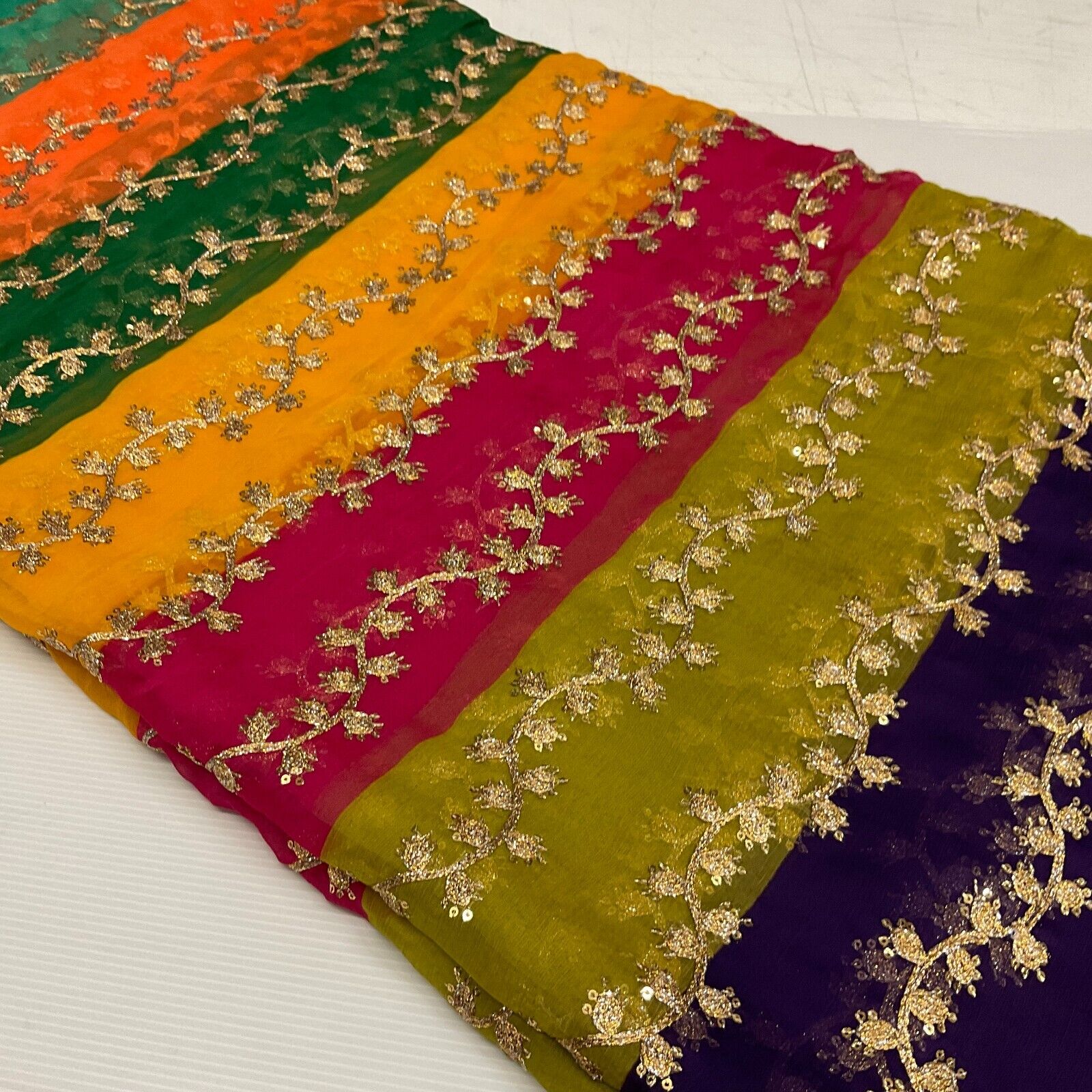 Indian Multicoloured Gold Embroidered Chiffon Skirt Fabric 100cm M1697 Mtex - Image 12