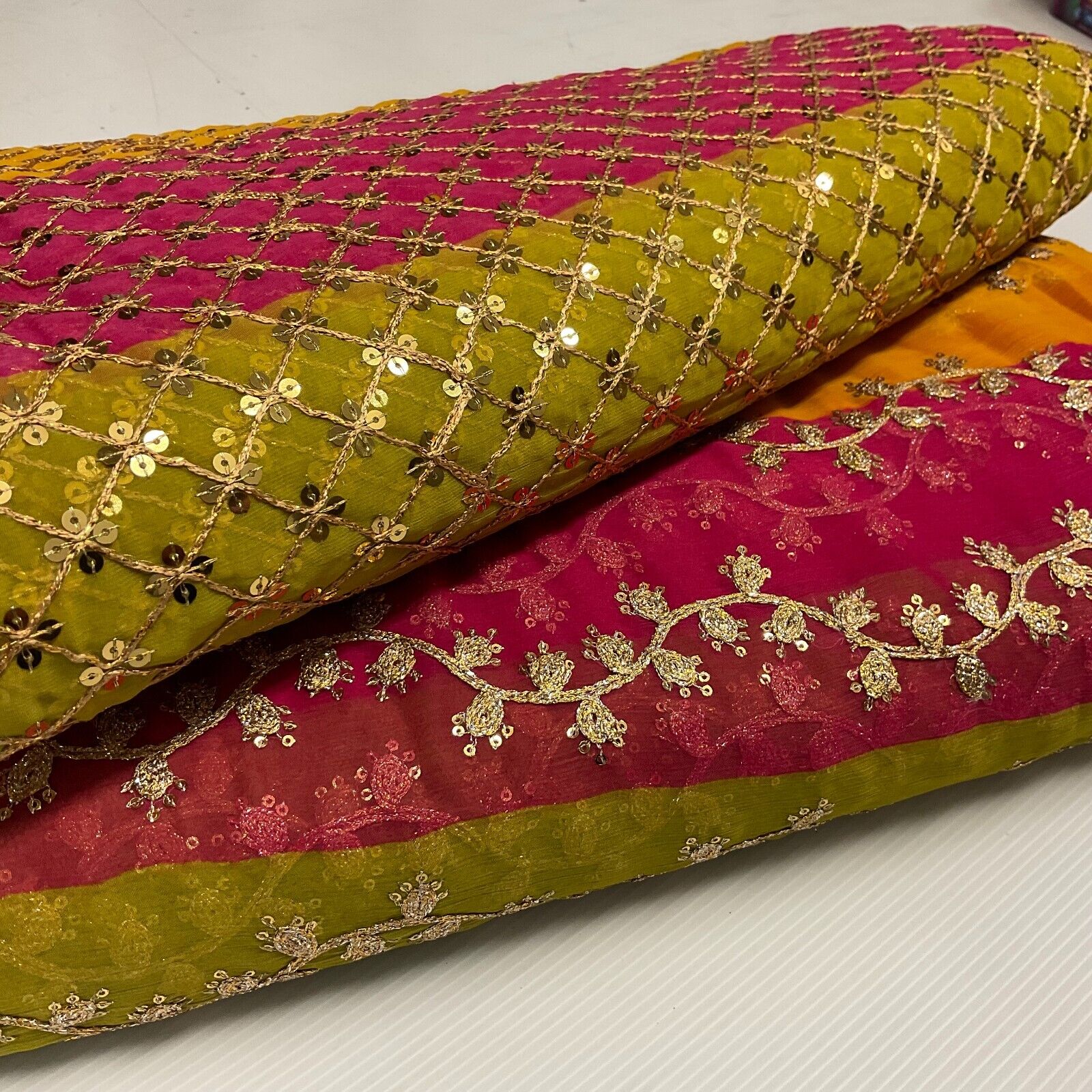 Indian Multicoloured Gold Embroidered Chiffon Skirt Fabric 100cm M1697 Mtex - Image 4