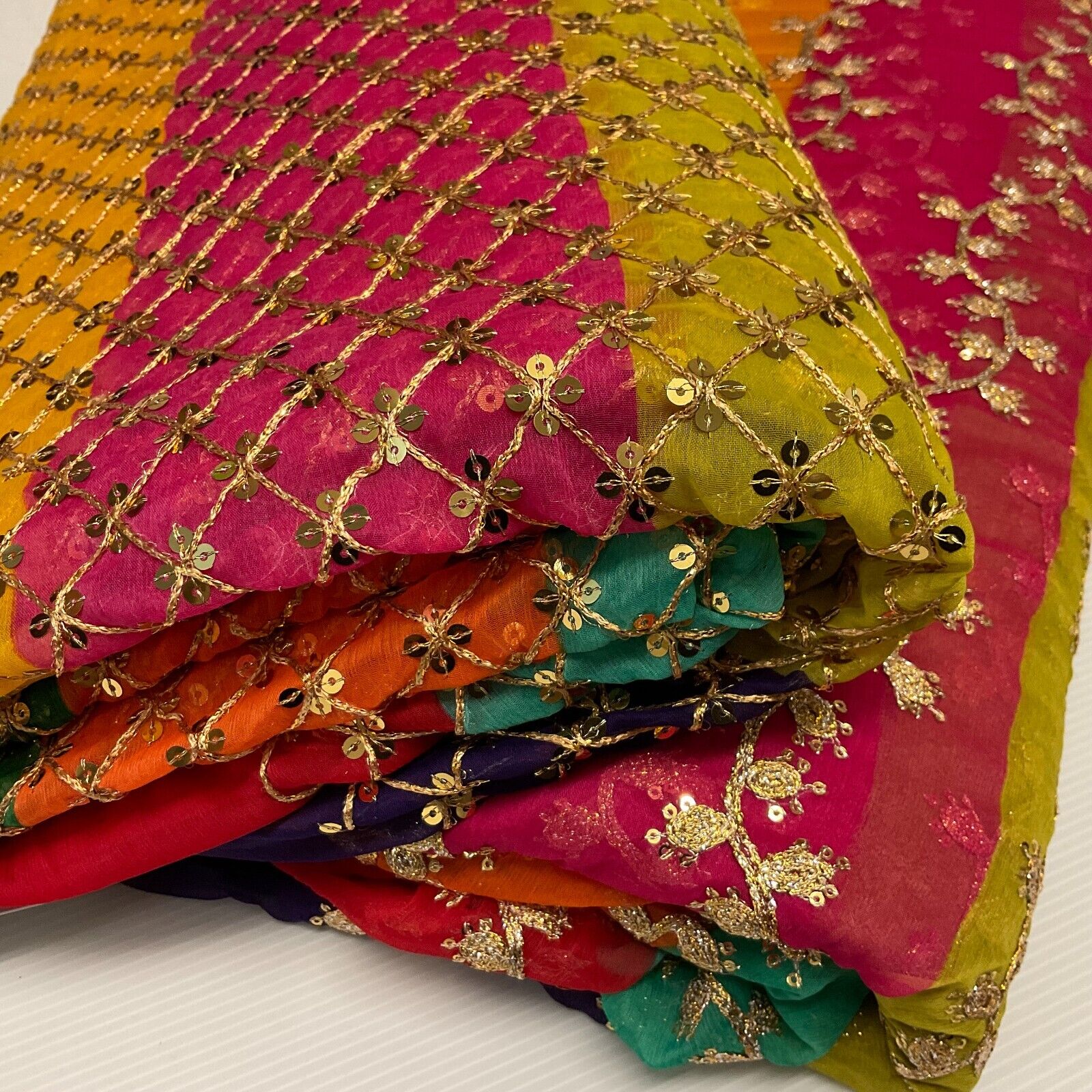 Indian Multicoloured Gold Embroidered Chiffon Skirt Fabric 100cm M1697 Mtex - Image 5