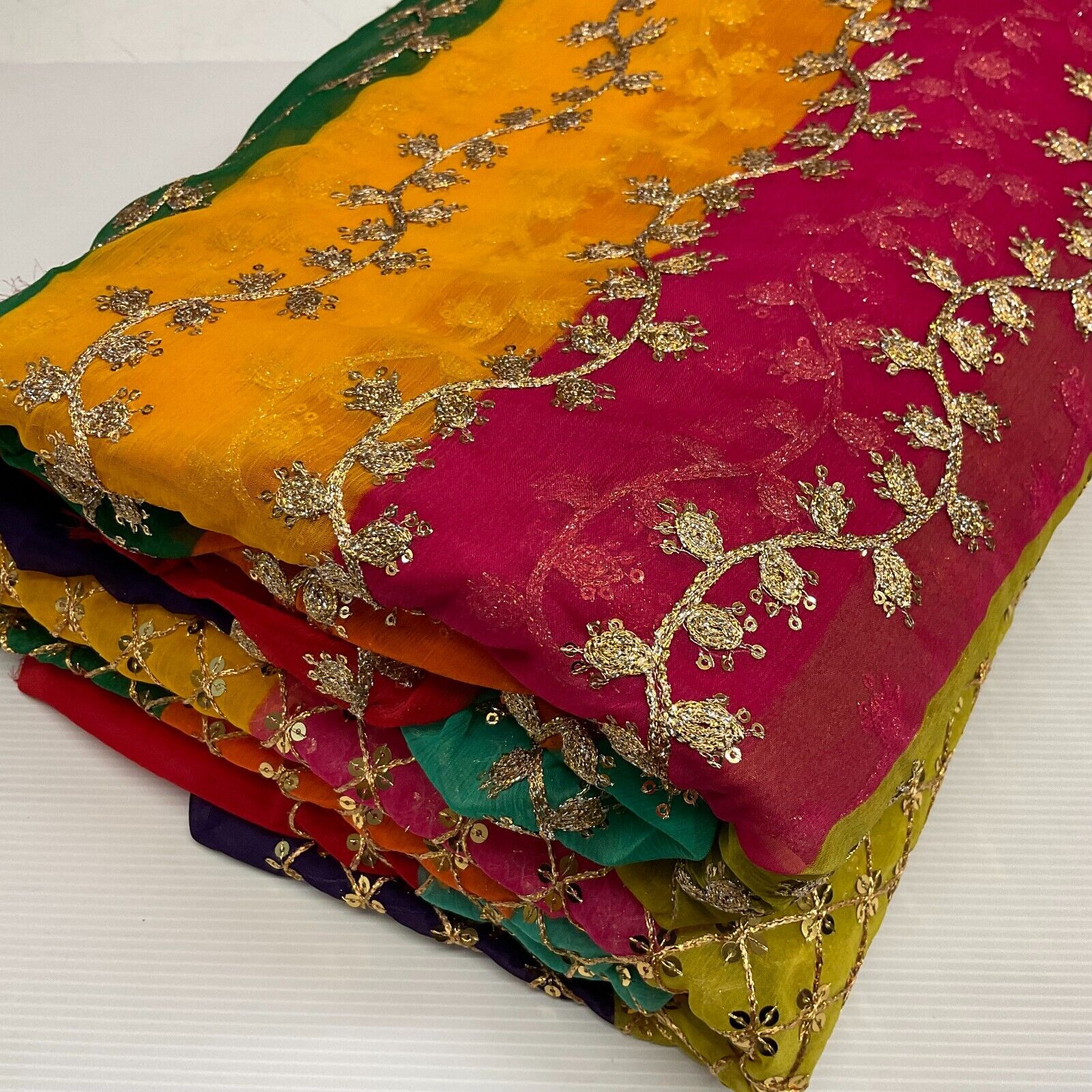 Indian Multicoloured Gold Embroidered Chiffon Skirt Fabric 100cm M1697 Mtex - Image 6