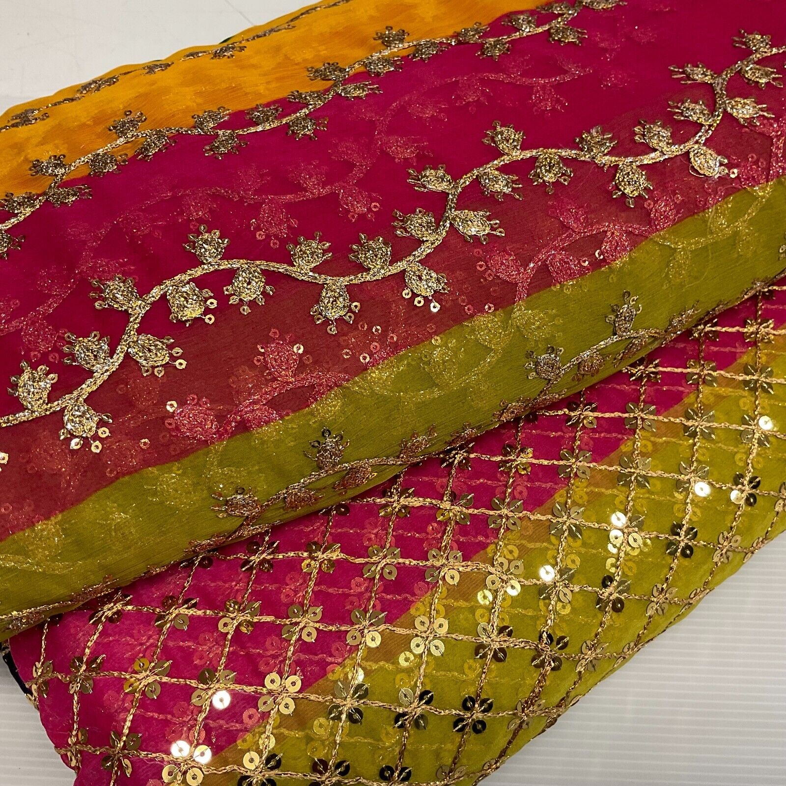 Indian Multicoloured Gold Embroidered Chiffon Skirt Fabric 100cm M1697 Mtex - Image 7