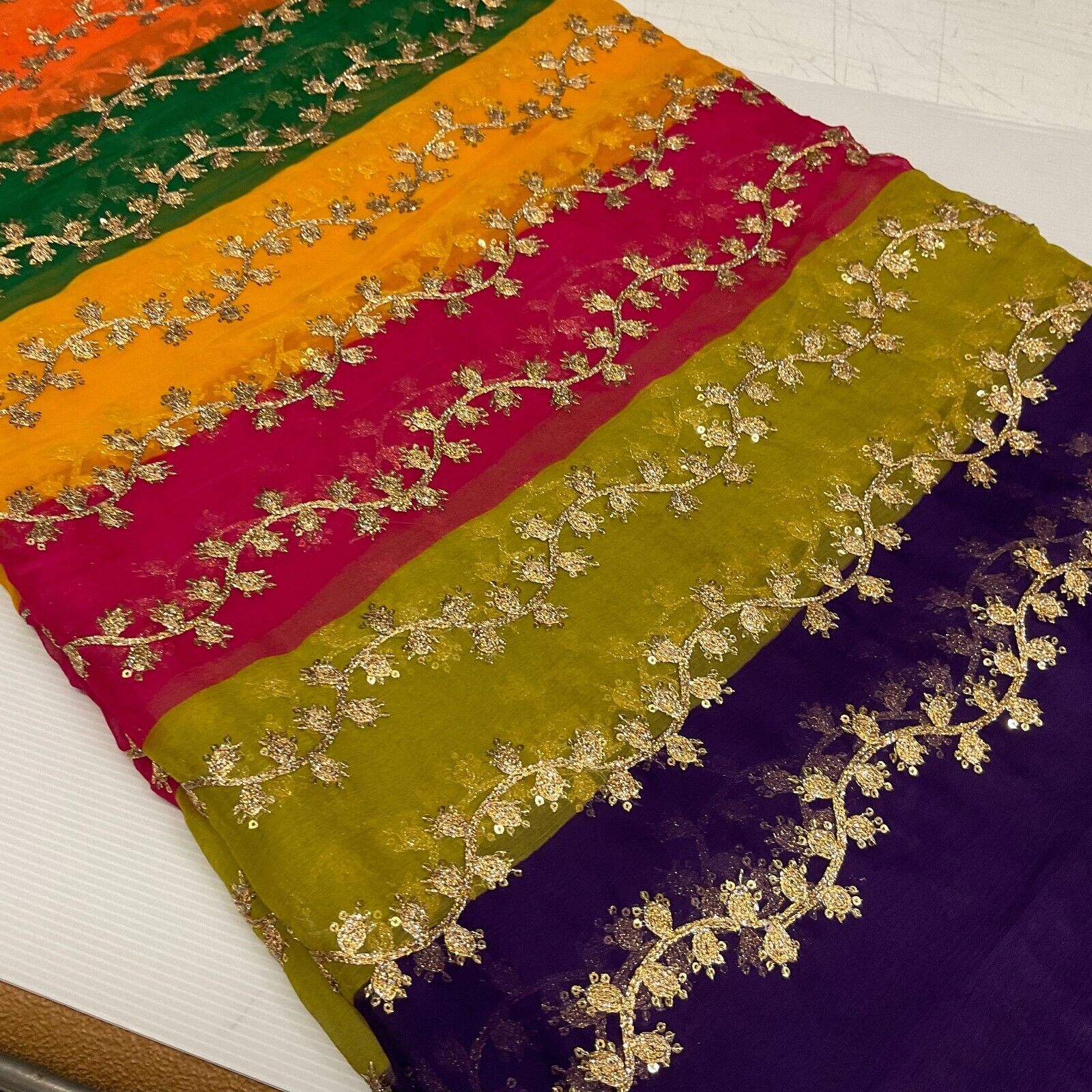 Indian Multicoloured Gold Embroidered Chiffon Skirt Fabric 100cm M1697 Mtex - Image 8