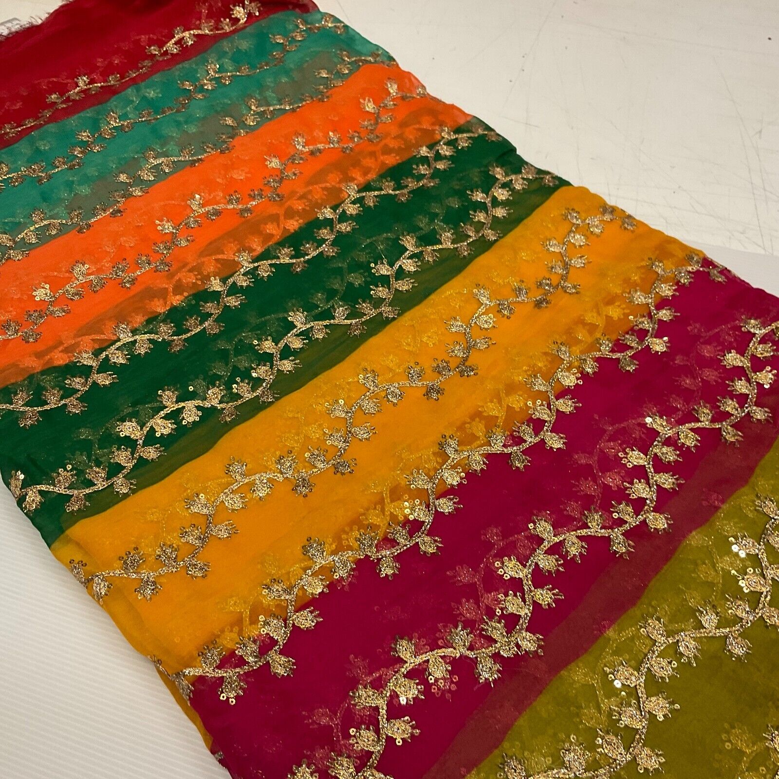 Indian Multicoloured Gold Embroidered Chiffon Skirt Fabric 100cm M1697 Mtex - Image 9