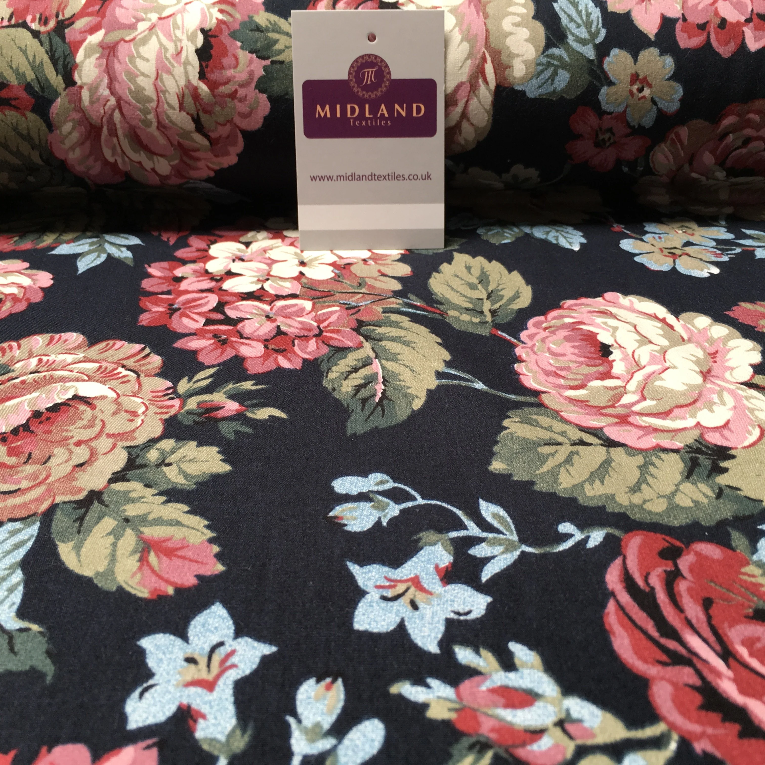 Large Vintage Shabby Chic Floral printed 100% Cotton fabric 58" Wide MA913 Mtex Navy Blue 1 / Sample - Image 3