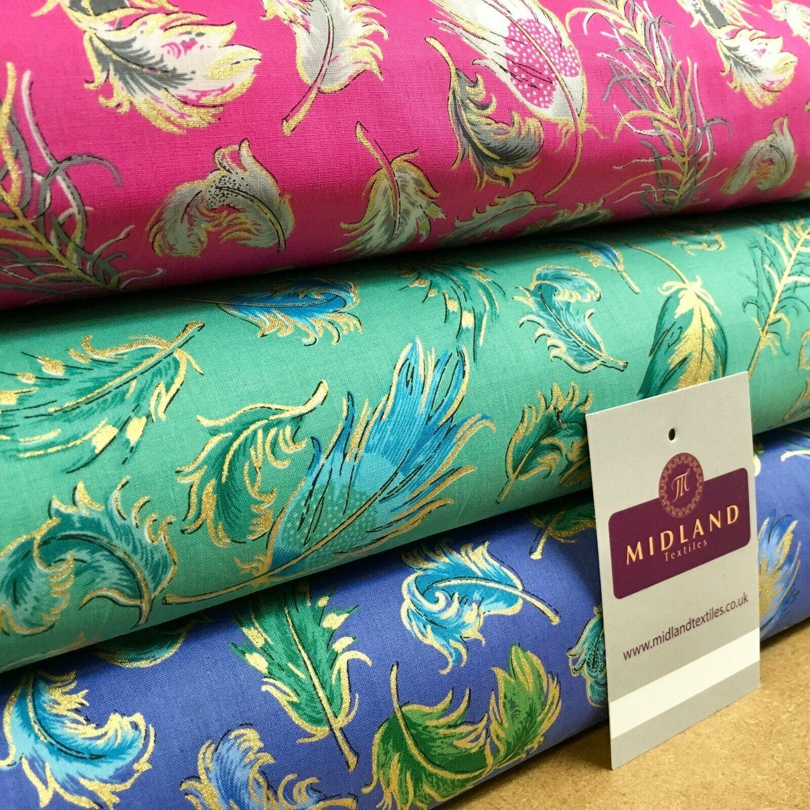 Peacock Feather gold foil print Cotton Lawn Dress Fabric 150cm MK1233 Mtex - Image 4