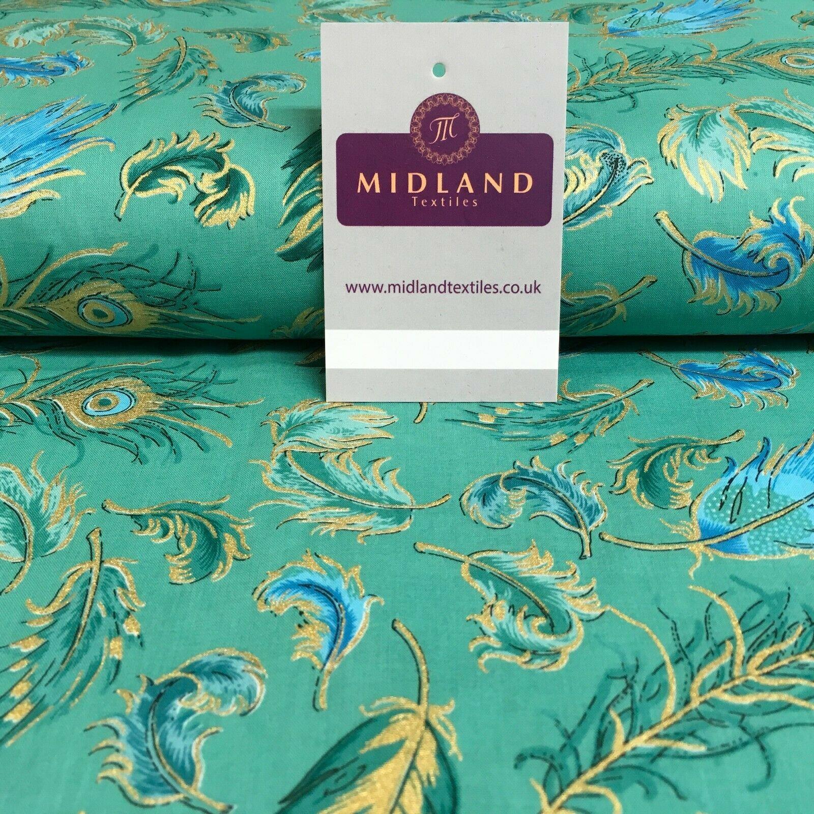 Peacock Feather gold foil print Cotton Lawn Dress Fabric 150cm MK1233 Mtex - Image 9