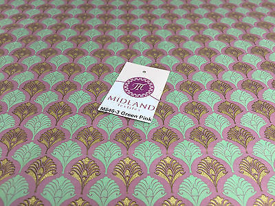 Retro Peacock Bird Feather Flower Fan Gold Lacquered Cotton Lawn Fabric 58" M546 - Image 15