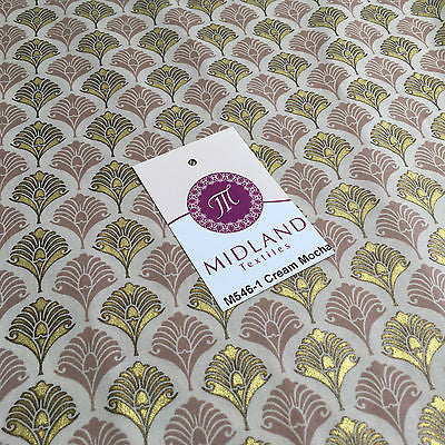 Retro Peacock Bird Feather Flower Fan Gold Lacquered Cotton Lawn Fabric 58" M546 - Image 3