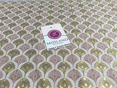 Retro Peacock Bird Feather Flower Fan Gold Lacquered Cotton Lawn Fabric 58" M546 - Image 5