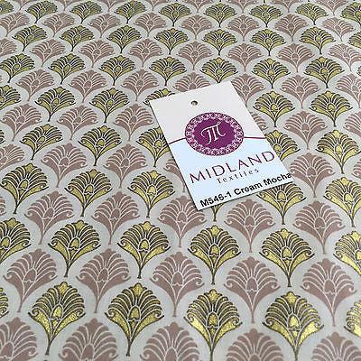 Retro Peacock Bird Feather Flower Fan Gold Lacquered Cotton Lawn Fabric 58" M546 - Image 6