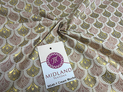 Retro Peacock Bird Feather Flower Fan Gold Lacquered Cotton Lawn Fabric 58" M546 - Image 7